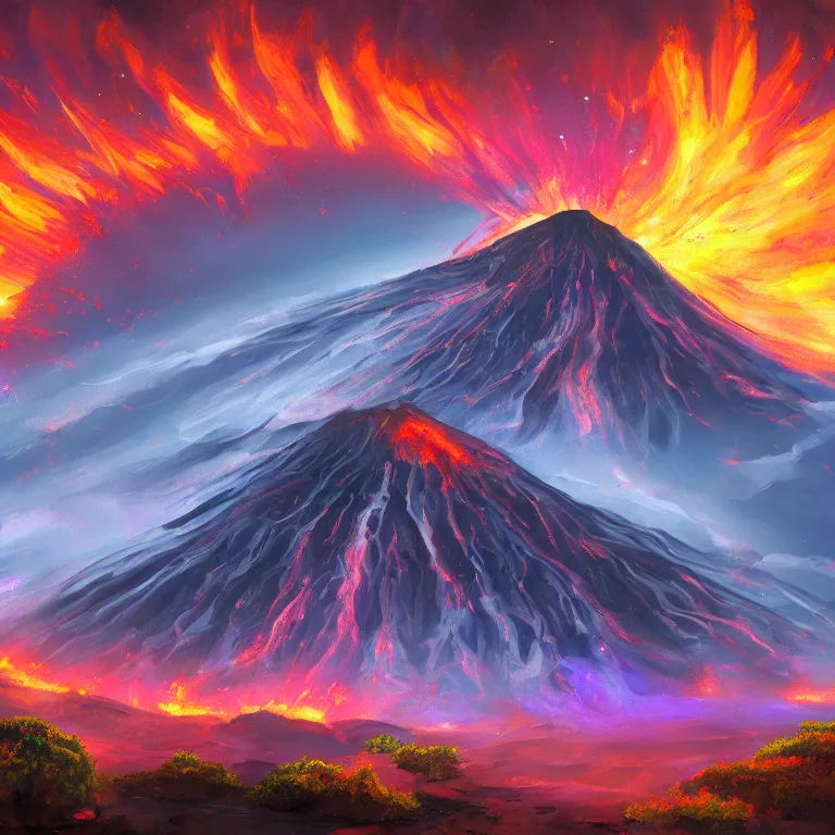 Image similar to a painting of a volcano from which come out flowers and stars exotic plants, all this happens in some kind of fantasy world, almost like in the sky or all in the amazing outdoors view, long exposure, 8 k resolution, trending on artstation