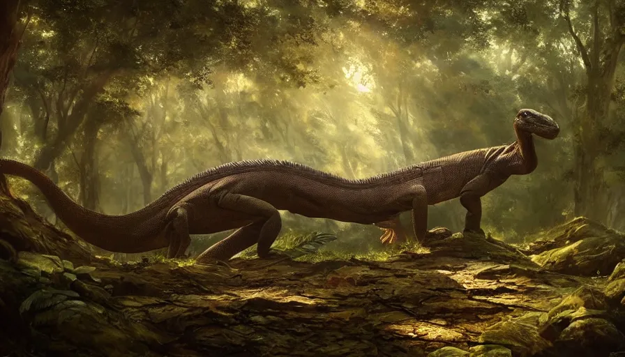 Image similar to A beautiful painting of a komodo dragon with wings in a magical forest, ray traced sun light, by greg rutkowski and Kalin Popov , Trending on artstation HD.