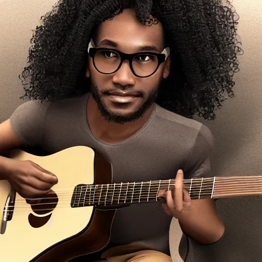 Prompt: photorealistic render of a black man at 20's years old, with long curly hair, wearing eyeglasses, holding a guitar, trending on artstation, character concept, unreal engine, rtx, octane render