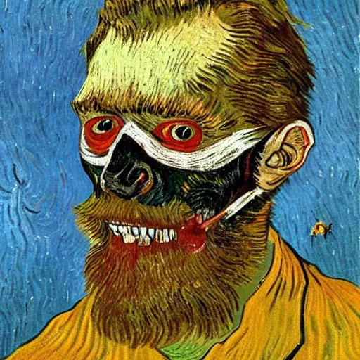 Image similar to painting of a man with insects in his eyes, bloody face, ugly teeth in van gogh style