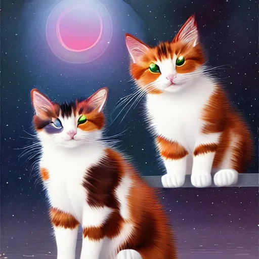 Image similar to two cute multi - colored calico cats with beautiful eyes sleeping inside a cozy home in the evening, stars shining in the night sky through the window,, artstation, cgsociety, storybook art