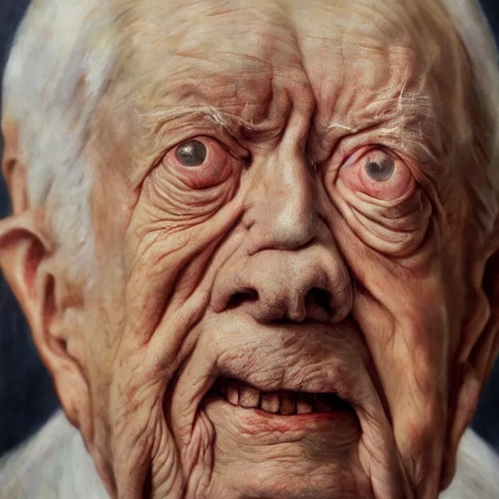 Image similar to hyperrealistic close up studio portrait of aging old Jimmy Carter age 103 wrinkled sorrowful, oil painting by Ivan Albright and Lucian Freud and Ron Mueck, trending on artstation Studio lighting hyperrealism