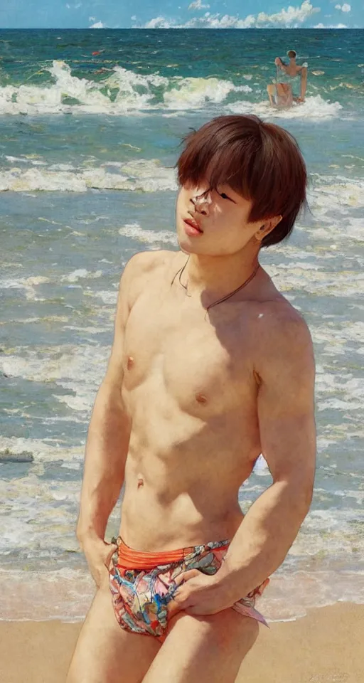 Prompt: jimin in shorts, beach, sun shining, (SFW) safe for work, photo realistic illustration by greg rutkowski, thomas kindkade, alphonse mucha, loish, norman rockwell