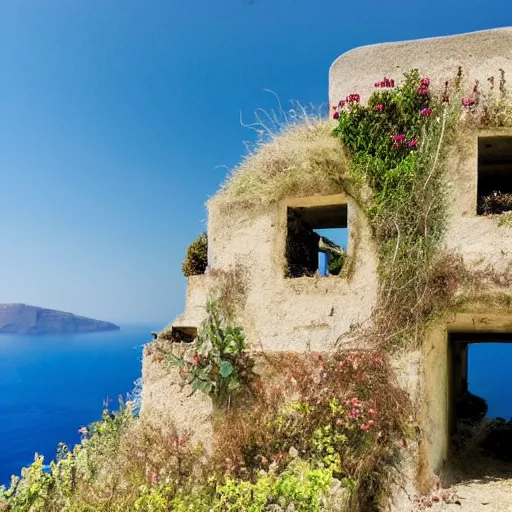 Image similar to overgrown abandoned ruins of santorini, national geographic