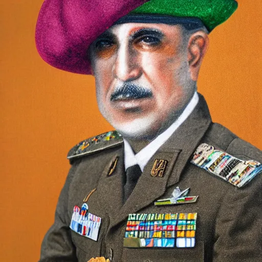 Image similar to rainbow portrait of an iraqi general wearing a beret, 8 k, intricate, detailed,