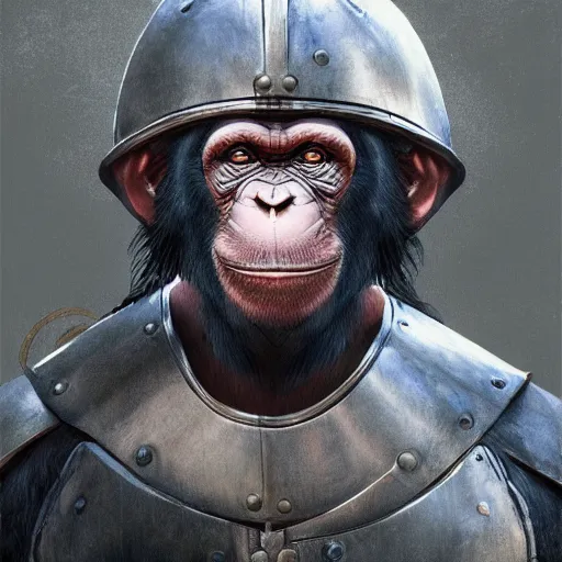 Prompt: chimp wearing medieval suit of armor, illustration, concept art, art by wlop, dark, moody, dramatic