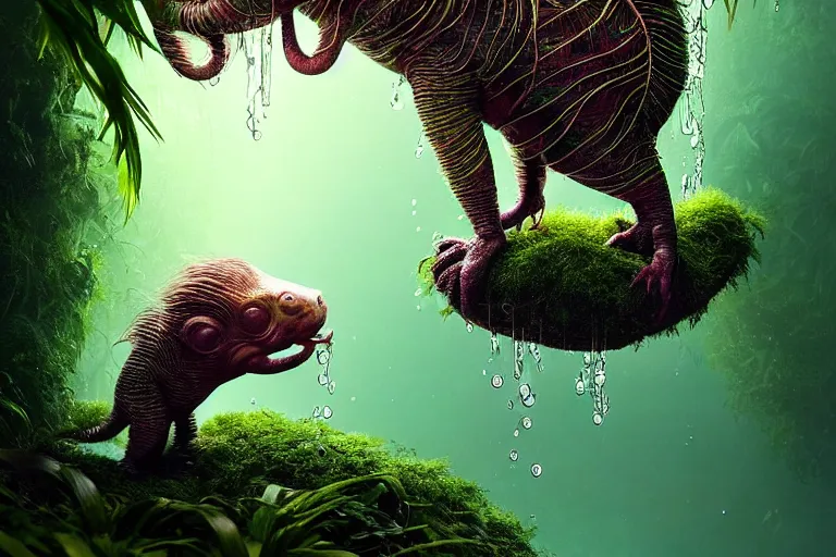 Image similar to cute creature in a lush trunda vegetation, water reflection, night, backlit, warm tones, bioluminescent : : by michal karcz, daniel merriam, victo ngai and guillermo del toro : : ornate, dynamic, particulate, intricate, elegant, highly detailed, centered, artstation, smooth, sharp focus, octane render, 3 d