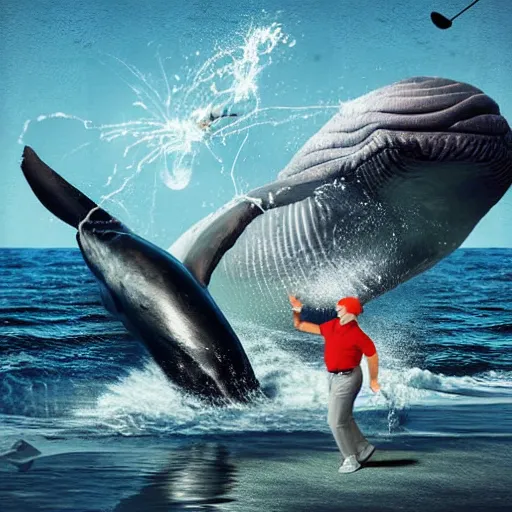 Prompt: highly detailed photo of a midget golfer standing on a beached whale. the crowd is cheering him as he lifts the trophy. highly detailed render, photorealistic, concept art, sfx