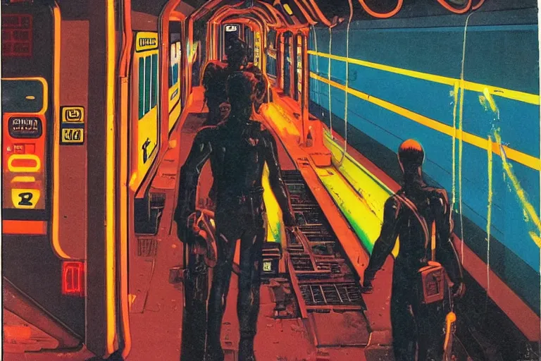 Image similar to 1979 OMNI Magazine Cover of a subway train maintenance tunnel. Cyberpunk Akira style by Vincent Di Fate