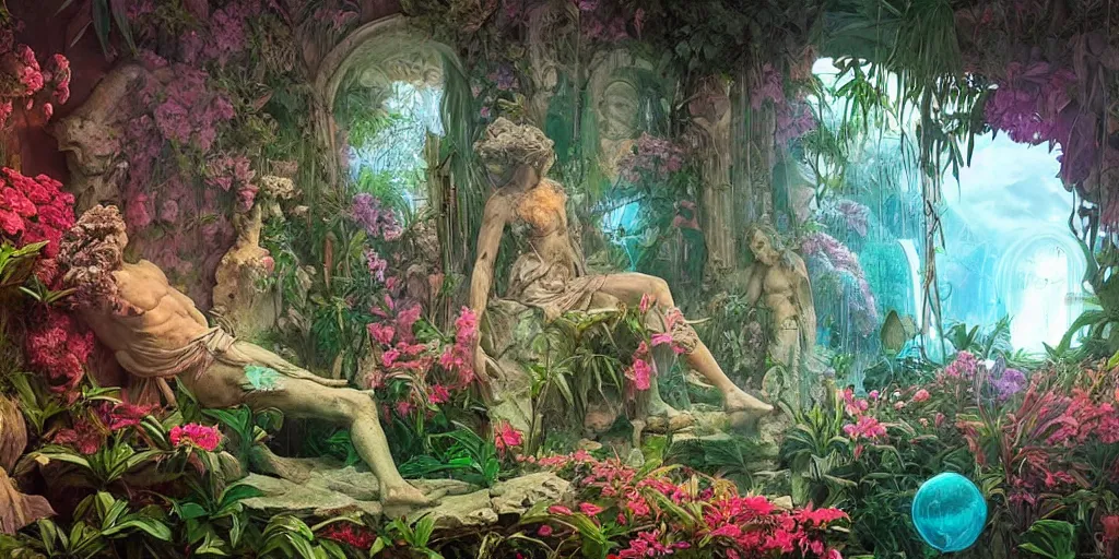 Prompt: Beautiful Ancient Greece Sculpture in jungle with big wild flowers windows, figures, soft neon lights, bright colors, cinematic, cyberpunk, smooth, chrome, lofi, nebula, calming, dramatic, fantasy, by Moebius, by zdzisław beksiński, fantasy LUT, studio ghibli, high contrast, epic composition, sci-fi, dreamlike, surreal, angelic, 8k, unreal engine, hyper realistic, fantasy concept art, XF IQ4, 150MP, 50mm, F1.4, ISO 200, 1/160s, natural light, Adobe Lightroom, photolab, Affinity Photo, PhotoDirector 365