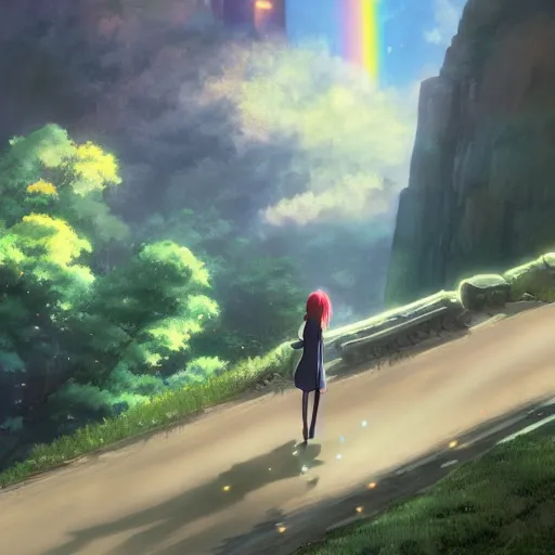 Image similar to rainbow wizard going to crossing a rainbow bridge, by Makoto Shinkai