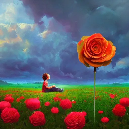 Image similar to giant rose flower head, girl sitting in a flower field, surreal photography, sunrise, dramatic light, impressionist painting, colorful clouds, digital painting, artstation, simon stalenhag