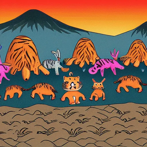 Prompt: A tiger, a turtle, an elephant, a rabbit and a fox running away from an erupting volcano