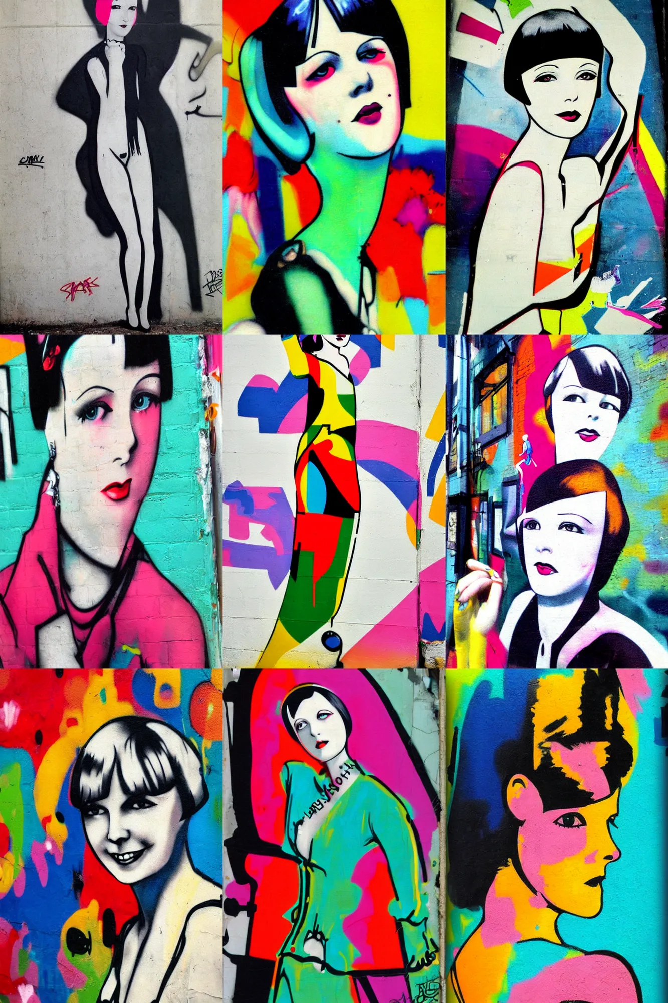 Prompt: graffiti of 2 2 year old mary louise brooks, graffiti street art, bright colours, 1 9 2 0 s fashion