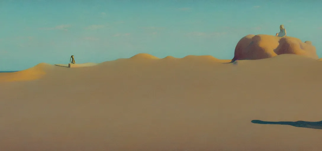 Image similar to a golden salt flat surrounded by dunes with a ruined statue of a woman emerging from the blue sand, illustrated, epic composistion, edward hopper and james gilleard, steven outram, volumetric lighting, surreal flat colors, concept art