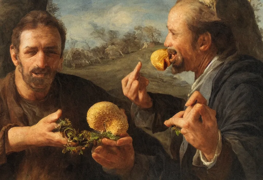 Image similar to A masterpiece photo of a man excited over a mushroom an licking it, photorealistic