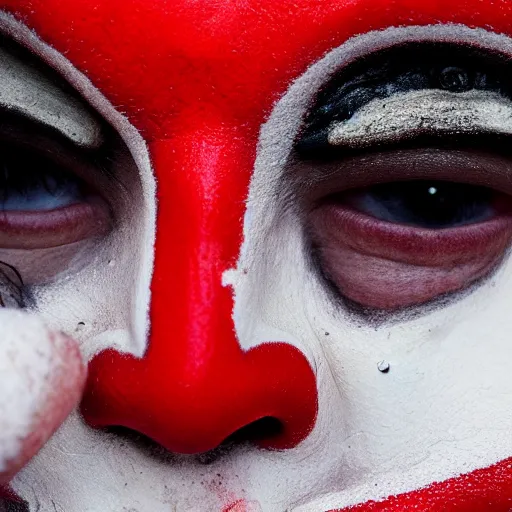 Image similar to Close up photograph of Ronald McDonald emerging from a dirty puddle, white facepaint, red afro, red round nose, yellow jumpsuit!! creepy smile!!!, highly detailed, F32