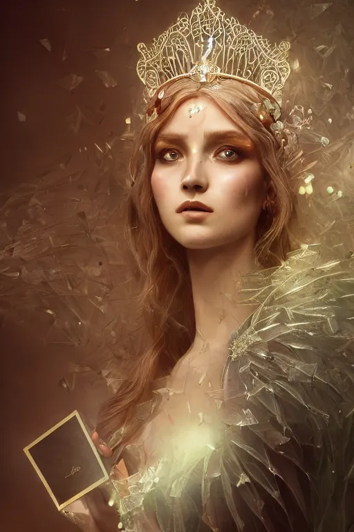 Image similar to Atmospheric detailed photography of a beautiful magician , wearing crystal fractal tiara, Symmetrical composition, fantasy long intricate gown, sharp focus, octane render, high quality, 8k, volumetric lighting, color grading, by Tom Bagshaw and James Jean and Artgerm