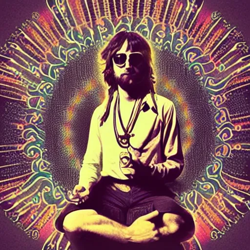 Image similar to a mystical hippy meditating, john lennon spectacles on, deep hippy vibe, smoke and hooka pipe, weed