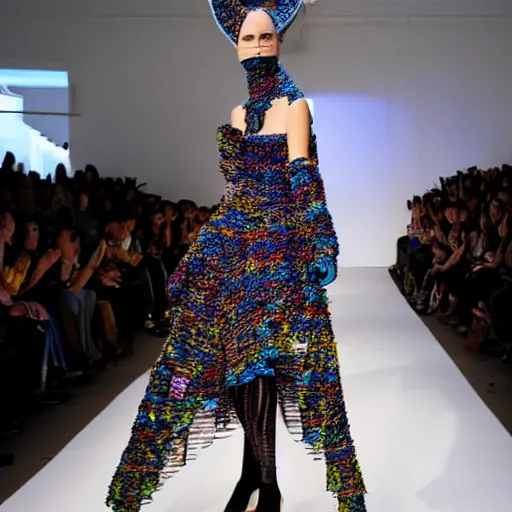 Prompt: runway model wearing a surreal avant-garde dress designed by luigi serafini