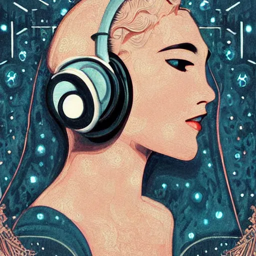 Image similar to intricate, amazing, art deco, retro vintage and romanticism, painting by natelle quek, soft color palette, highly detailed, godess with headphones from space sci - fi of ancient religion