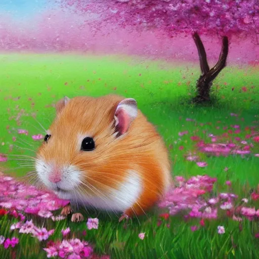 Prompt: beautiful oil painting of a hamster sitting in a colorful wide field full of cherry blossoms, artstation, high details