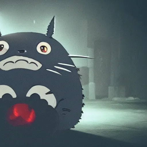 Prompt: terrifying photo of totoro with glowing eyes about to attack in a dark factory, claws, sharp teeth, aggressive violent realistic flash photography