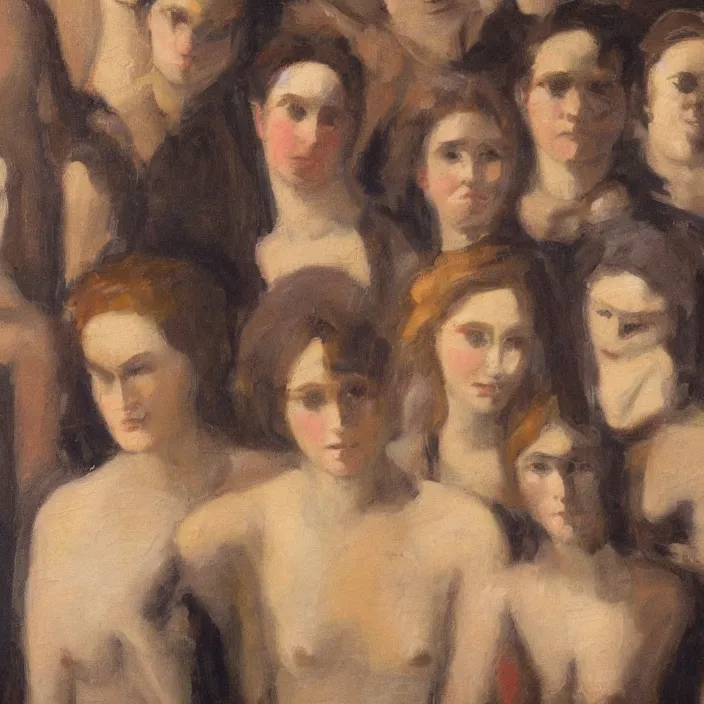 Image similar to group of people pictured in afternoon light, close - up of the faces, anatomically and proportionally correct, oil painting by dora maar and malcolm liepke, detailed