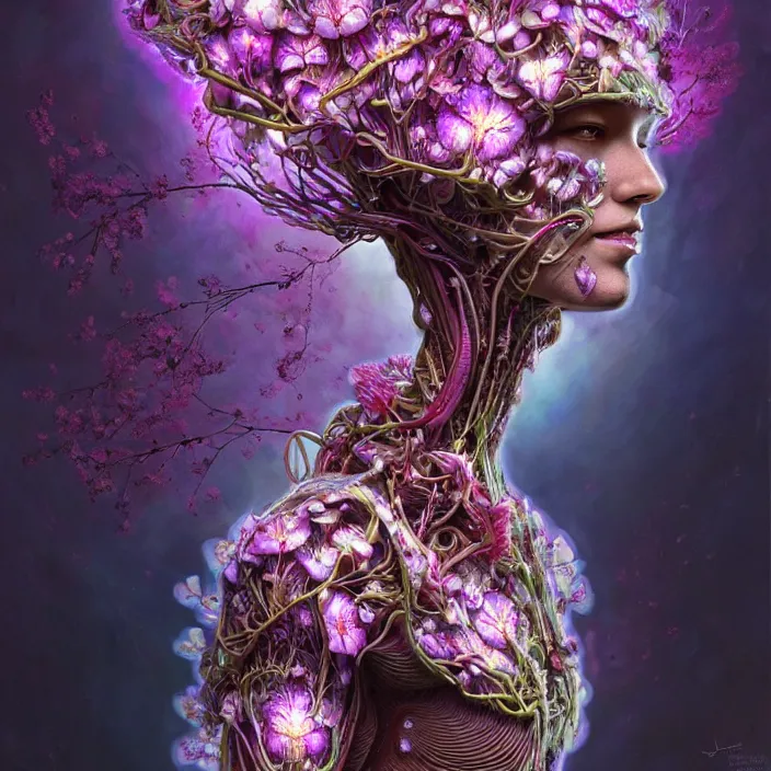 Prompt: extremely psychedelic organic cyborg made of orchid and cherry blossom tree and mushroom, LSD, diffuse lighting, fantasy, intricate, elegant, highly detailed, lifelike, photorealistic, digital painting, artstation, illustration, concept art, smooth, sharp focus, art by John Collier and Albert Aublet and Krenz Cushart and Artem Demura and Alphonse Mucha