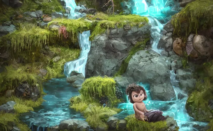 Image similar to a worn down troll made of stone with vegetation all over it relaxing in a stream of river next to a waterfall, a cute small robot on his shoulder sleeping, concept art, detailed, artstation, colourful lightning, sparkly water, peaceful, 4 k