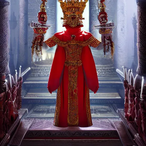 Prompt: skeleton king in a temple, standing. Thick red robes, shinning jeweled crown. Mighty, 4k, artstation, high detail, octane, wide angle shot from below