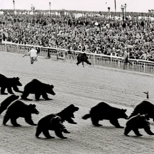 Image similar to bears running in the kentucky derby, vintage photo