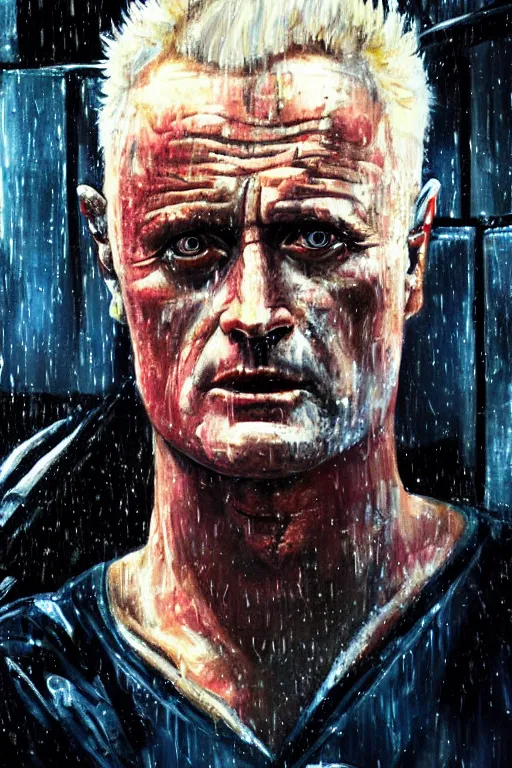 Image similar to a painting of the replicant roy batty realizing the very absurdity of life when all memories will be lost in time like tears in the rain, in the style of blade runner, ridley scott, epic composition, dramatic lighting, octane render