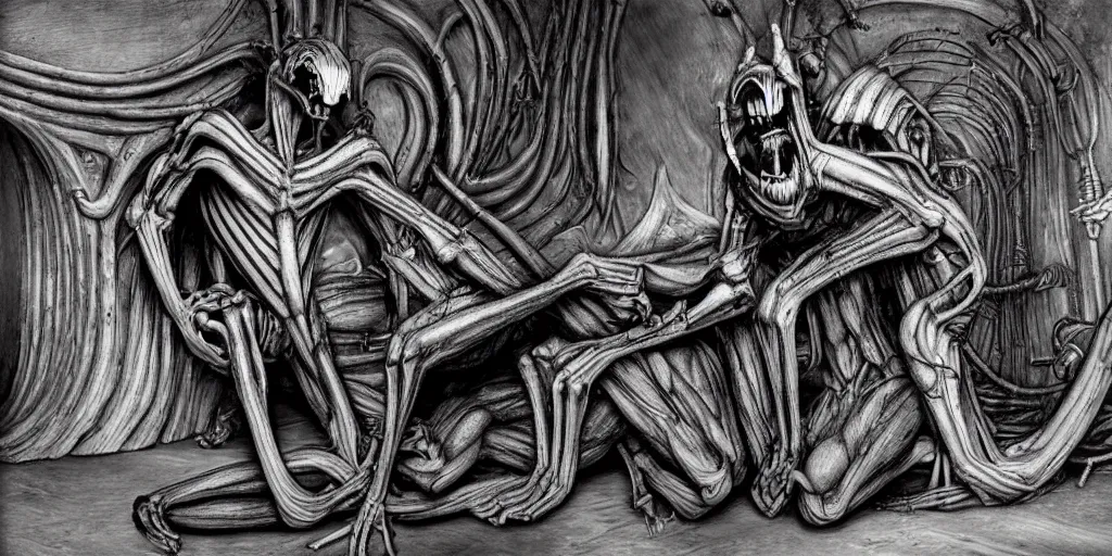 Image similar to enomorph in the style of HR Giger, claymation, movie scene