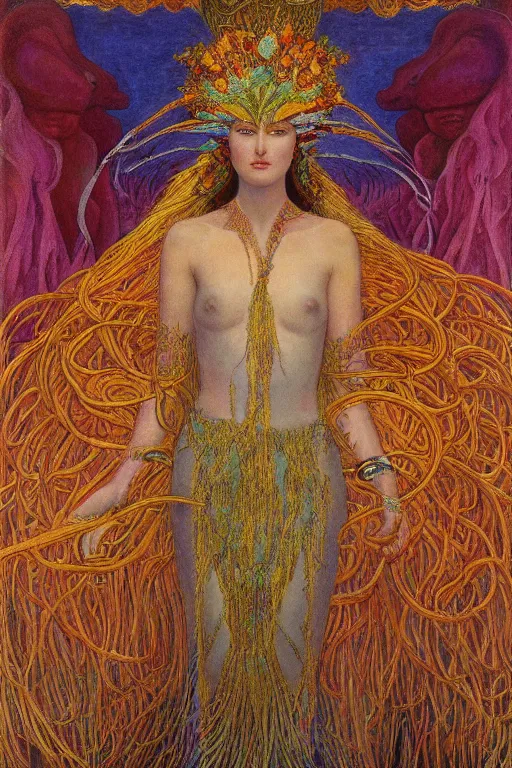 Image similar to queen of spring, by jean delville and Tino Rodriguez and Diego Rivera , elaborate headdress and embroidered velvet, iridescent beetles, rich color, dramatic cinematic lighting, extremely detailed