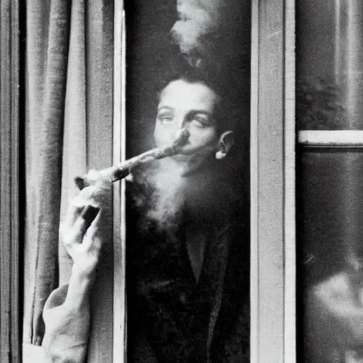 Image similar to Zoomed cropped voyeuristic direct eye contact closeup of supermodel neighbor blowing smoke in window, Technicolor, telephoto lens, vintage photograph, historical archive