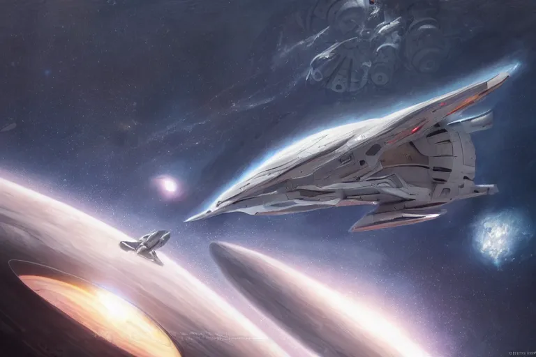 Image similar to hyper realistic sci - fi matte concept art painting of a starship above earth, beautiful details, strong composition painted by kim jung guweta studio rutkowski, james gurney and greg rutkowski, and lucasfilm, smooth, intricate, detailed, sharp focus, cinematic