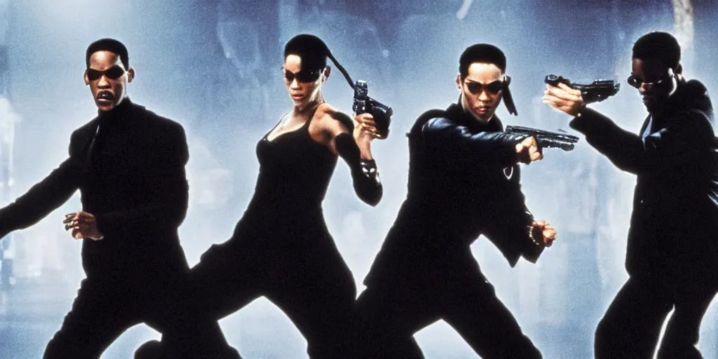 Prompt: the matrix fight scene with will smith as neo, jada pinkett smith as trinity, and chris rock as agent smith