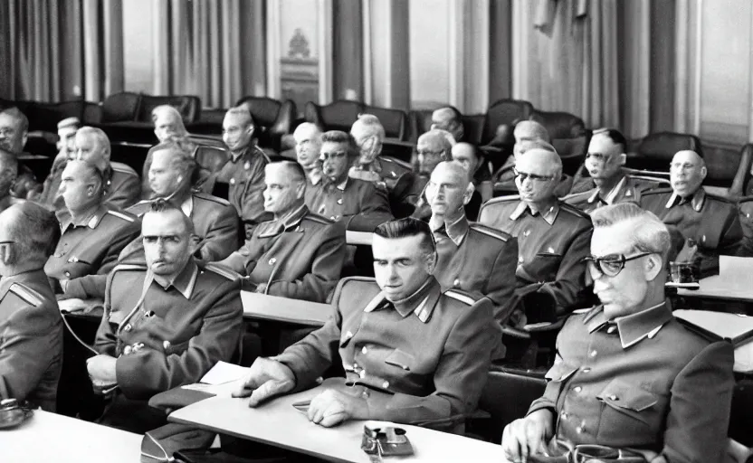 Image similar to 50s movie still of very diverse soviet generals officers marshal and politics head with very detailed faces in a stalinist parlement, by Alexei Guerman, Cinestill 800t 35mm black and white, heavy grainy picture, very detailed, high quality, 4k, HD criterion, precise texture, diverse faces, diverse haircuts, diverse ages, each faces precisely define