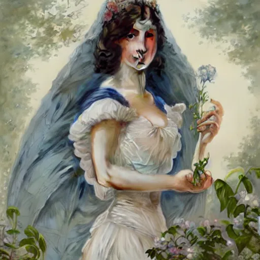 Prompt: lady dressed in a vaporous wrapped large victorian cream roses silk semi-transparent blue and cream dress fashion is running D&D, fantasy, intricate, elegant, highly detailed, digital painting, artstation, concept art, matte, sharp focus, illustration, art by Artgerm and Greg Rutkowski and Alphonse Mucha W 1024 - n 9