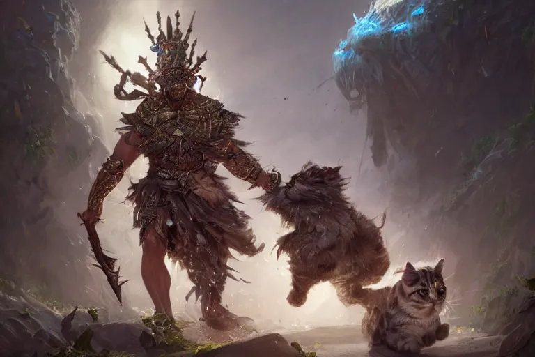Image similar to a muscular tunesian man wearing plants as armor fighting a fluffy cat wearing a crown and cape wielding a scepter, fantasy, digital painting, volumetric light, intricate, sharp, focus, bloom, illustration, highly detailed, concept art, matte, ruan jia, randy vargas, greg rutkowski