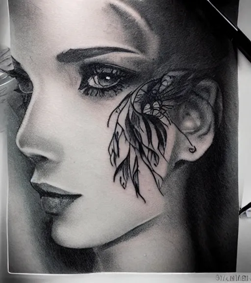 Image similar to tattoo design sketch of a beautiful woman face with a faded background of beautiful mountain nature on her side, hyper - realistic, double exposure, in the style of den yakovlev, amazing detail, black and white, faded