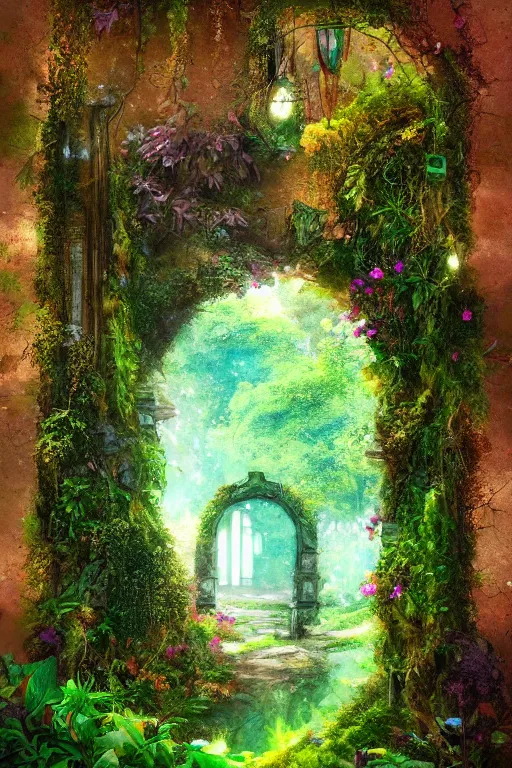 Image similar to photograph of a secret garden through a doorway, nature, lush, greenery, fantasy, fantasy aesthetic, fantasy vibe, colorful, faded effect, artstation, trending, detailed, small details, scenery,