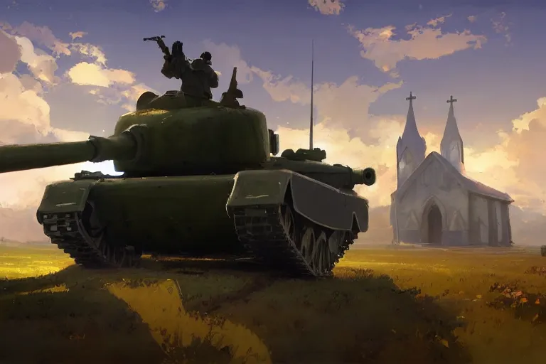 Image similar to a tank with a church instead a gun plattform, scene in an open field. key visual, conceptart, ambient lighting, highly detailed, digital painting, artstation, concept art, sharp focus, by makoto shinkai and akihiko yoshida and greg manchess