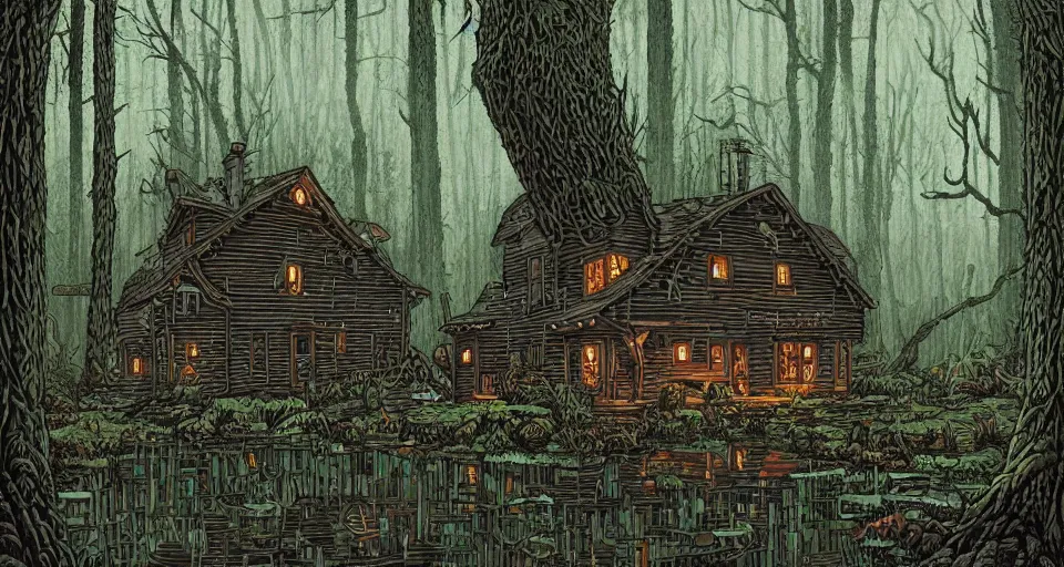 Image similar to A cozy cabin in a dense and dark enchanted forest with a swamp, by Dan mumford