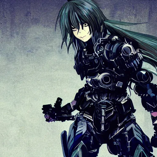 Prompt: An anime man with long, blue hair, wearing steel armor, drawn by Yoji Shinkawa highly detailed, trending on art station, sci-fi themed, dynamic posing