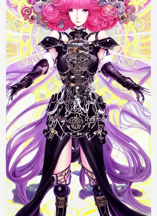 Prompt: exquisite imaginative fate manga poster of princess mechine, long curl hair, art nouveau, armor, ruffles, fluorescent, illustration, artstation, dark fantastic, highly detailed, 8 k, maximalist, by katsuhiro otomo, shigenori soejima, minaba hideo, jump comics