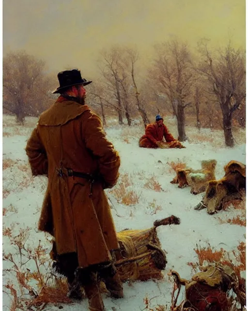 Prompt: handsome men reminisce about the end of autumn in a snow covered pasture, warm colors, hard angles, painting by gaston bussiere, craig mullins, j. c. leyendecker