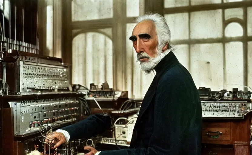 Image similar to movie still close-up portrait of Christopher Lee as 19th century inventor working on a 1880s supercomputer in a victorian house, by David Bailey, Cinestill 800t 50mm eastmancolor, heavy grainy picture, very detailed, high quality, 4k, HD criterion, precise texture and facial expression