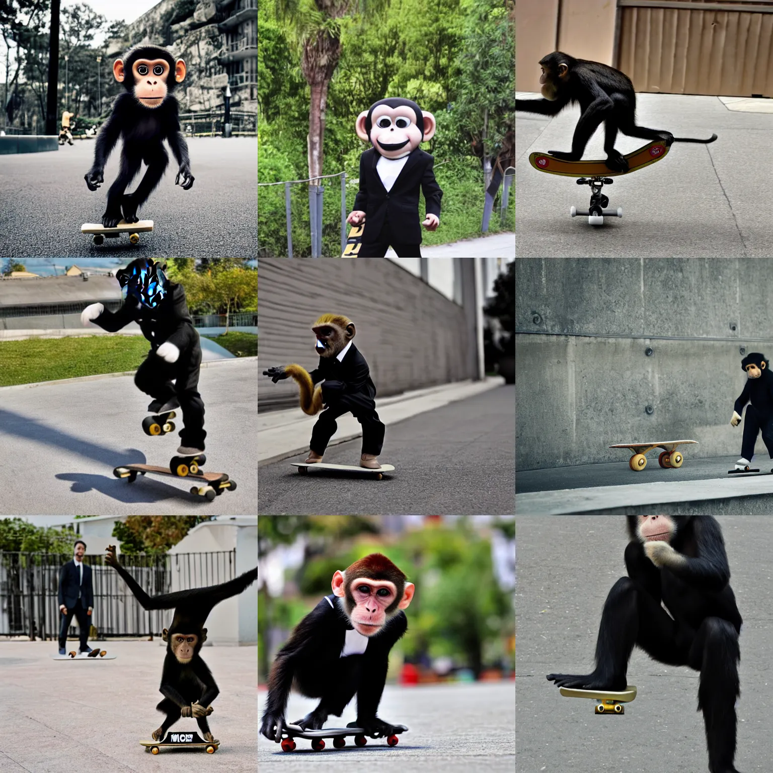 Prompt: monkey skateboarding wearing black suit